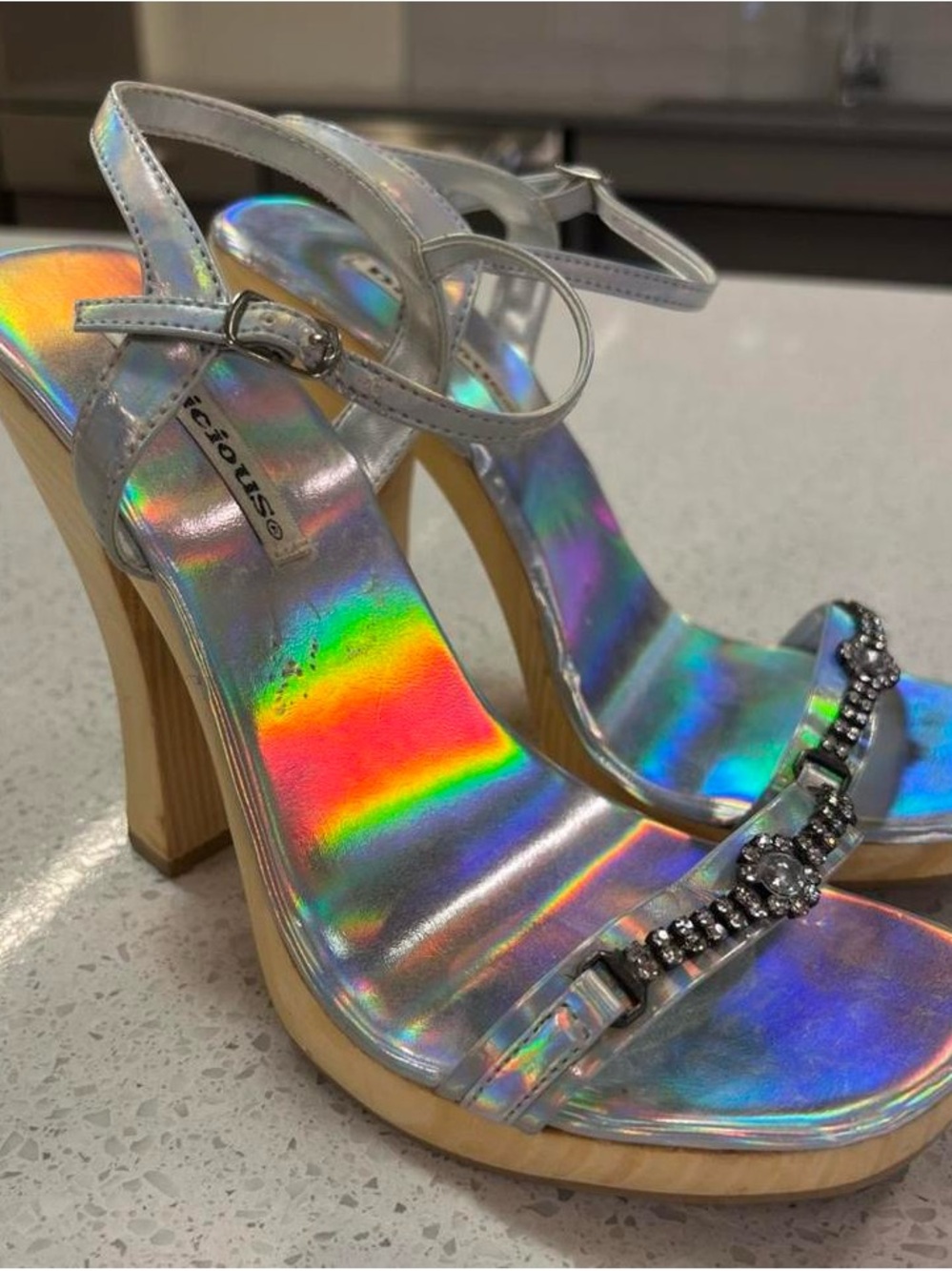 Vintage Delicious Silver Holographic Platform Sandals with Crystal Accent